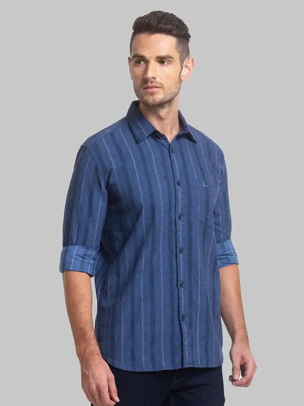Men Blue Slim Fit Stripe Cotton Blend Full Sleeve Shirts