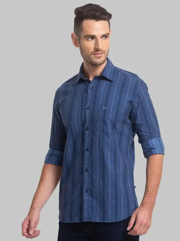 Men Blue Slim Fit Stripe Cotton Blend Full Sleeve Shirts