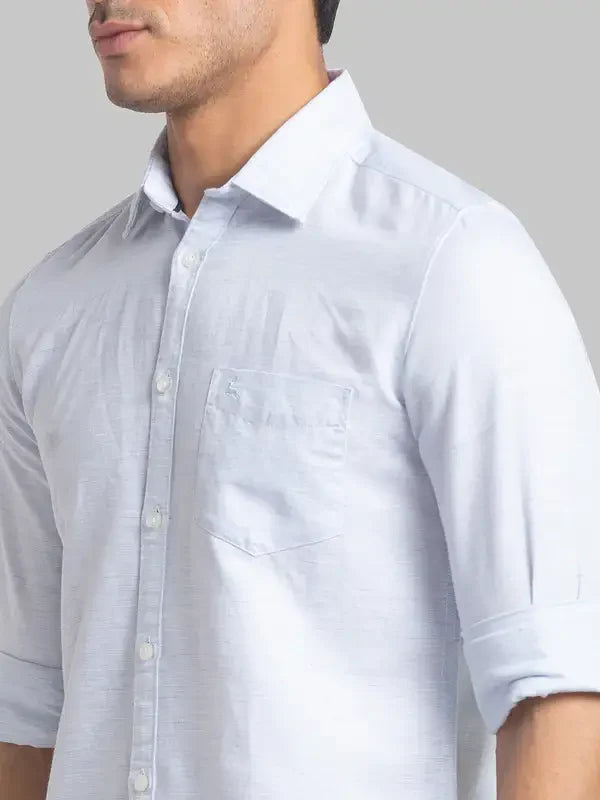 Men Blue Slim Fit Solid Linen Cotton Blend Full Sleeve Shirts