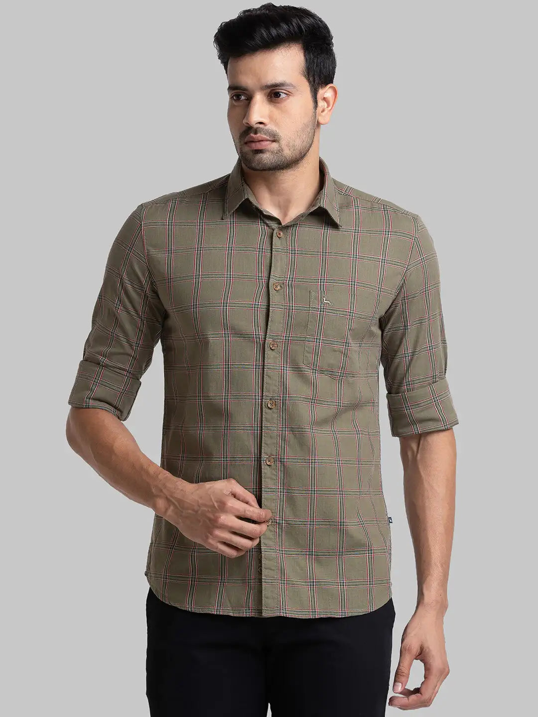 Men Green Slim Fit Checks Cotton Full Sleeve Shirts