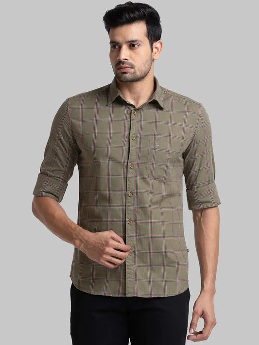 Men Green Slim Fit Checks Cotton Full Sleeve Shirts