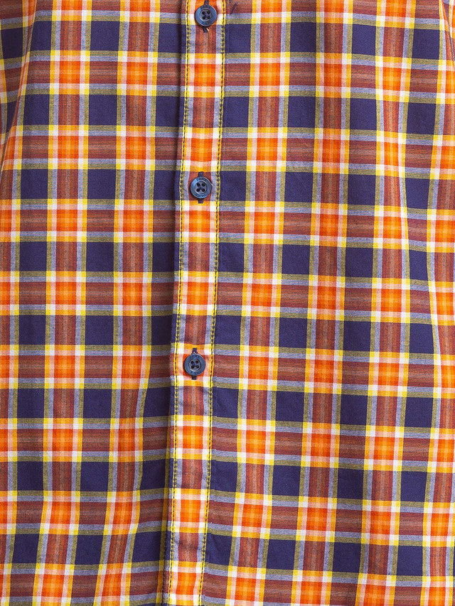 Parx Men Orange Checkered Slim Fit Full Sleeve Semi Cut Away Collar Shirt