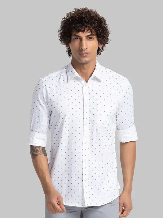 Men White Slim Fit Print Cotton Full Sleeve Cutway Collar Shirts