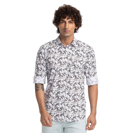 Parx Men White Printed Slim Fit Cotton Casual Shirt