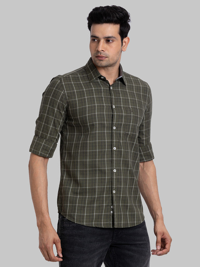 Parx Men Green Checkered Slim Fit Full Sleeve Semi Cut Away Collar Shirt