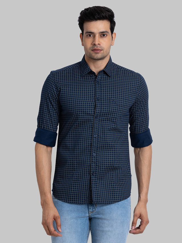Parx Men Blue Printed Slim Fit Full Sleeve Semi Cut Away Collar Shirt
