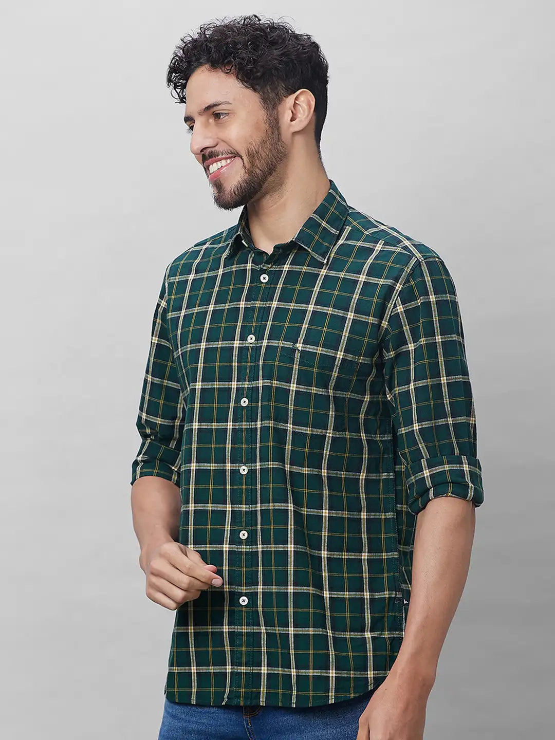 Parx Men Green Checks Slim Fit Cotton Full Sleeve Shirts
