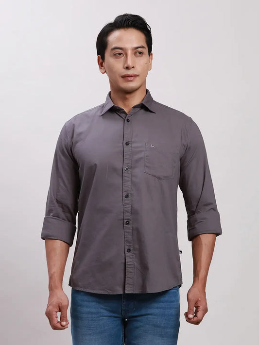 Parx Men Grey Slim Fit Solid Cotton Full Sleeve Cutaway Collar Shirts