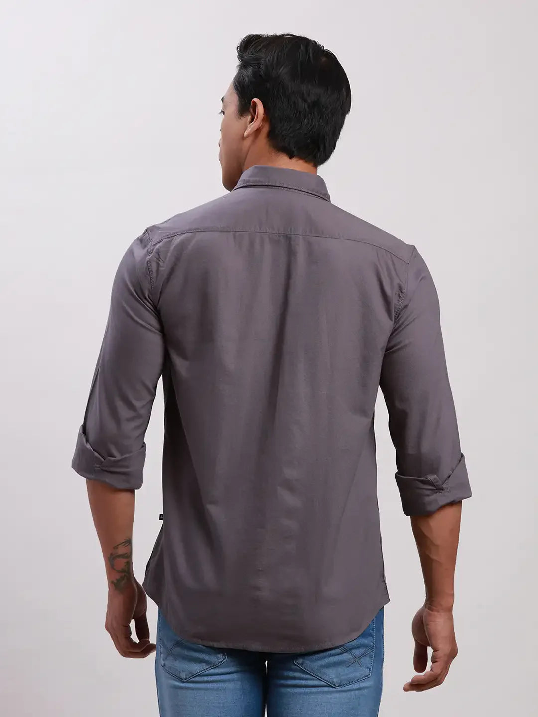 Parx Men Grey Slim Fit Solid Cotton Full Sleeve Cutaway Collar Shirts