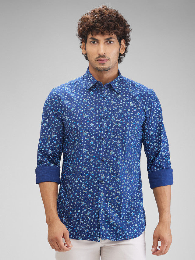 Parx Blue Printed Slim Fit Cotton Casual Shirt