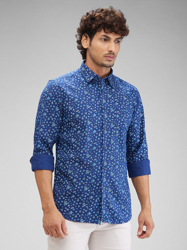 Parx Blue Printed Slim Fit Cotton Casual Shirt