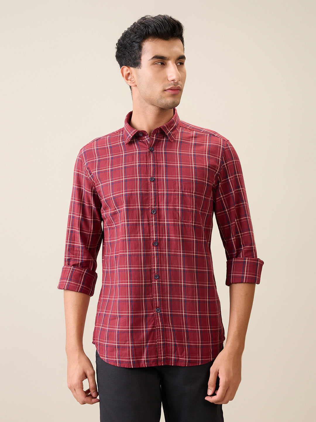 Parx Men Red Checks Slim Fit Cotton Casual Shirt