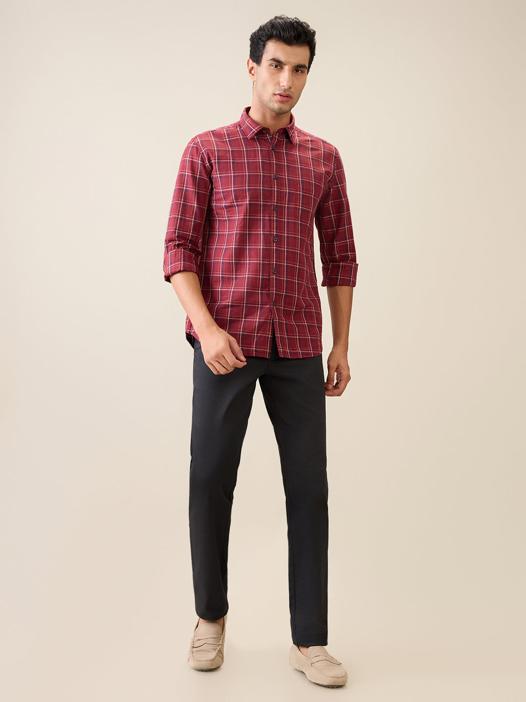 Parx Men Red Checks Slim Fit Cotton Casual Shirt