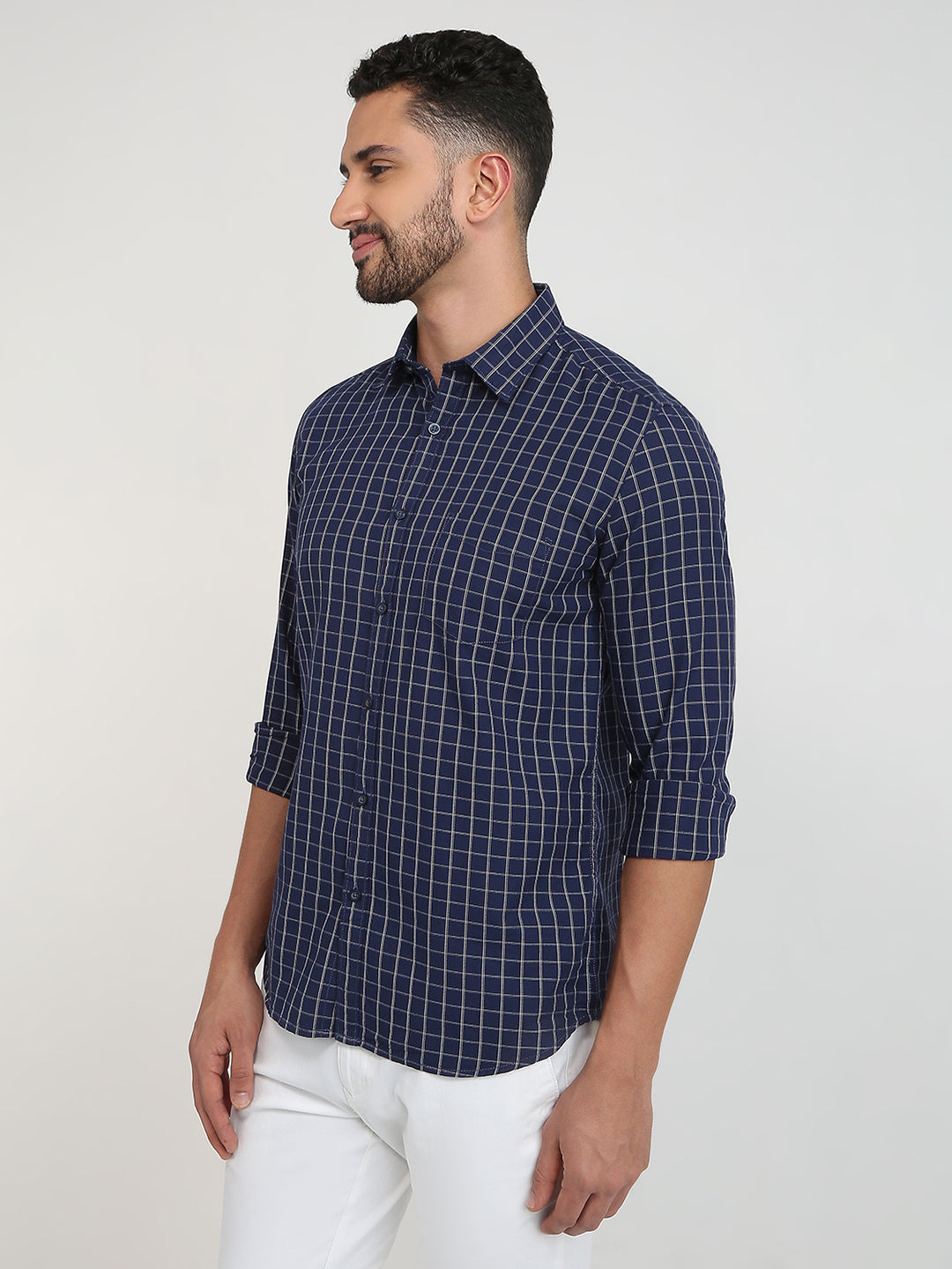 Parx Men Blue Checks Slim Fit Cotton Casual Shirt