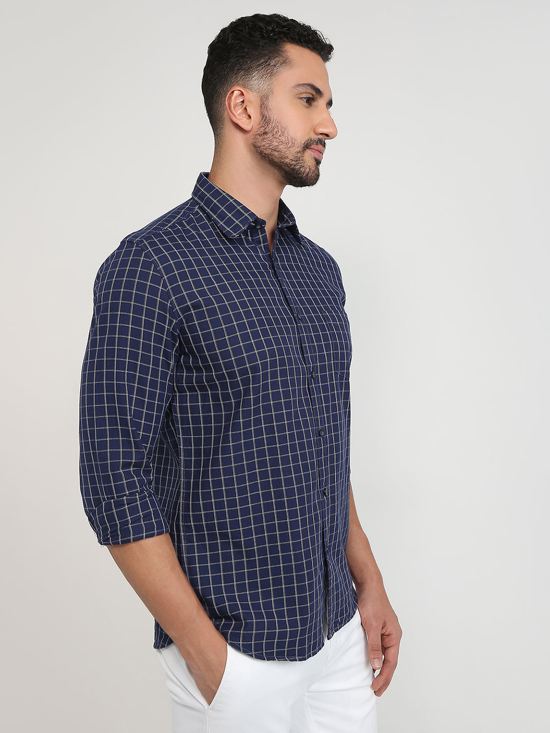 Parx Men Blue Checks Slim Fit Cotton Casual Shirt