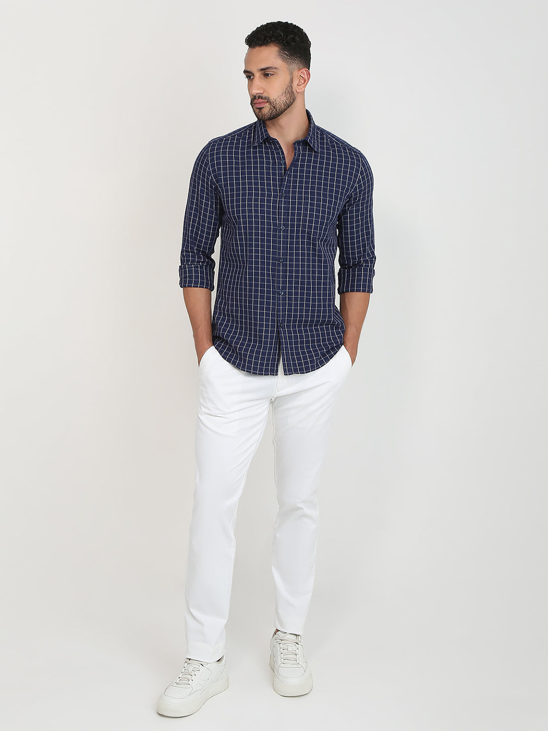 Parx Men Blue Checks Slim Fit Cotton Casual Shirt