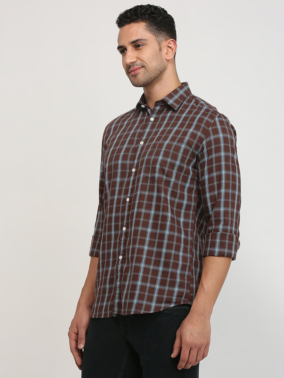 Parx Men Brown Checks Slim Fit Cotton Casual Shirt
