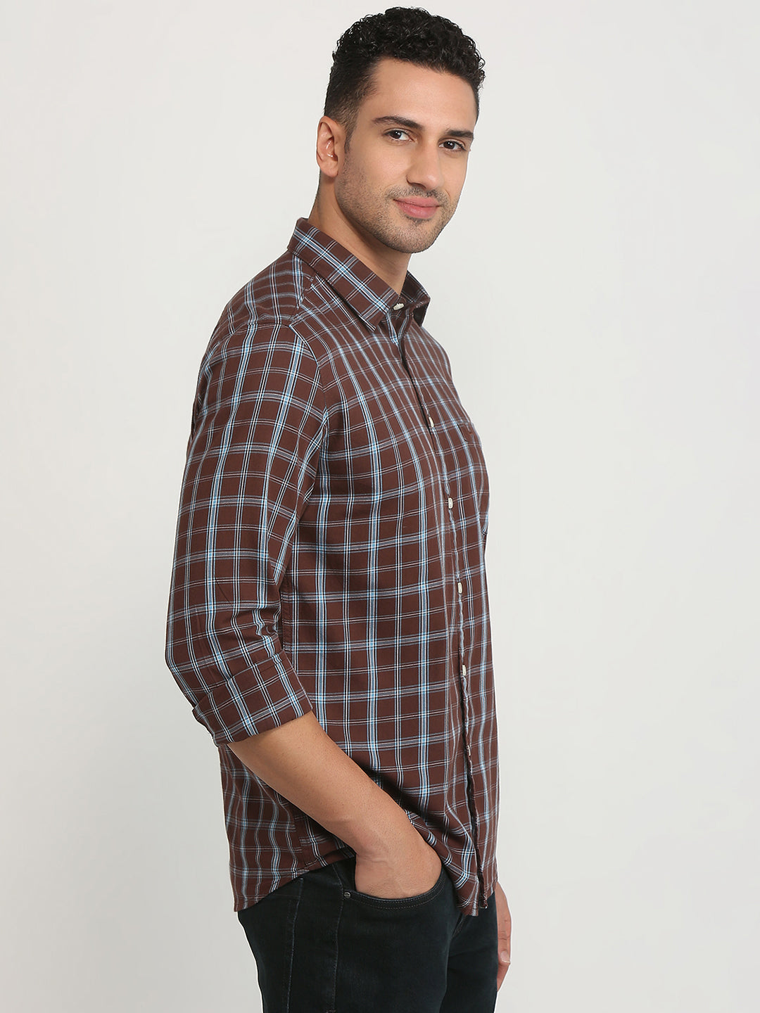 Parx Men Brown Checks Slim Fit Cotton Casual Shirt