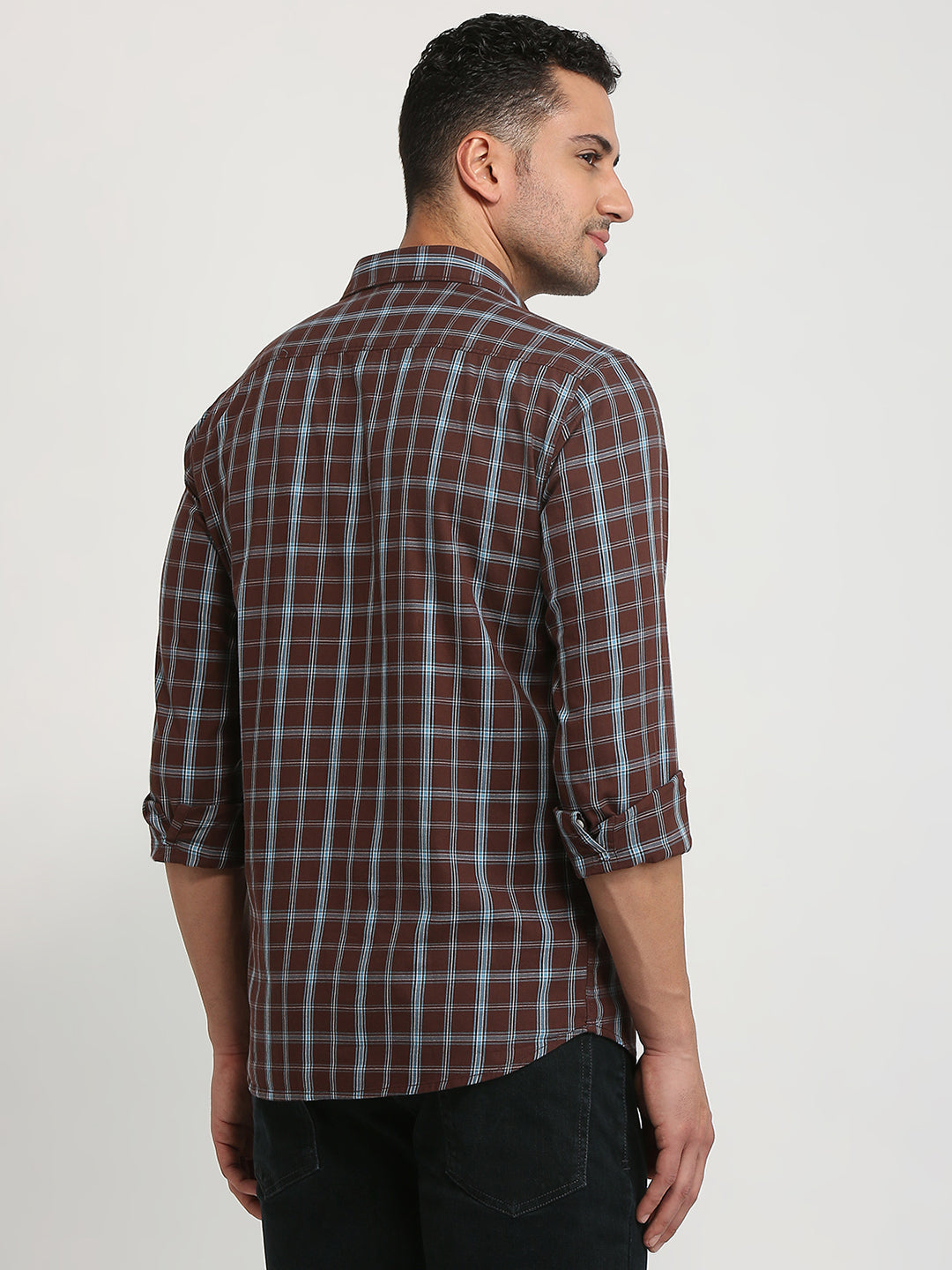 Parx Men Brown Checks Slim Fit Cotton Casual Shirt