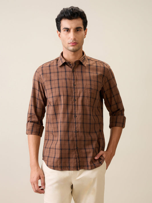 Parx Men Brown Checks Slim Fit Cotton Casual Shirt