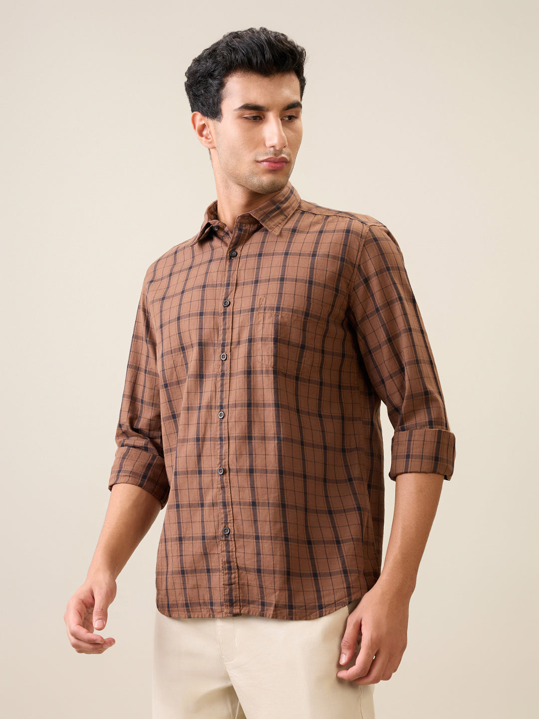 Parx Men Brown Checks Slim Fit Cotton Casual Shirt