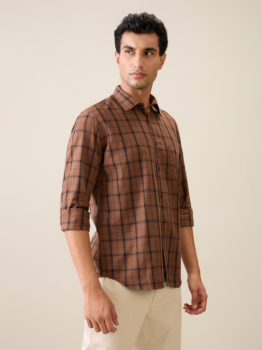 Parx Men Brown Checks Slim Fit Cotton Casual Shirt
