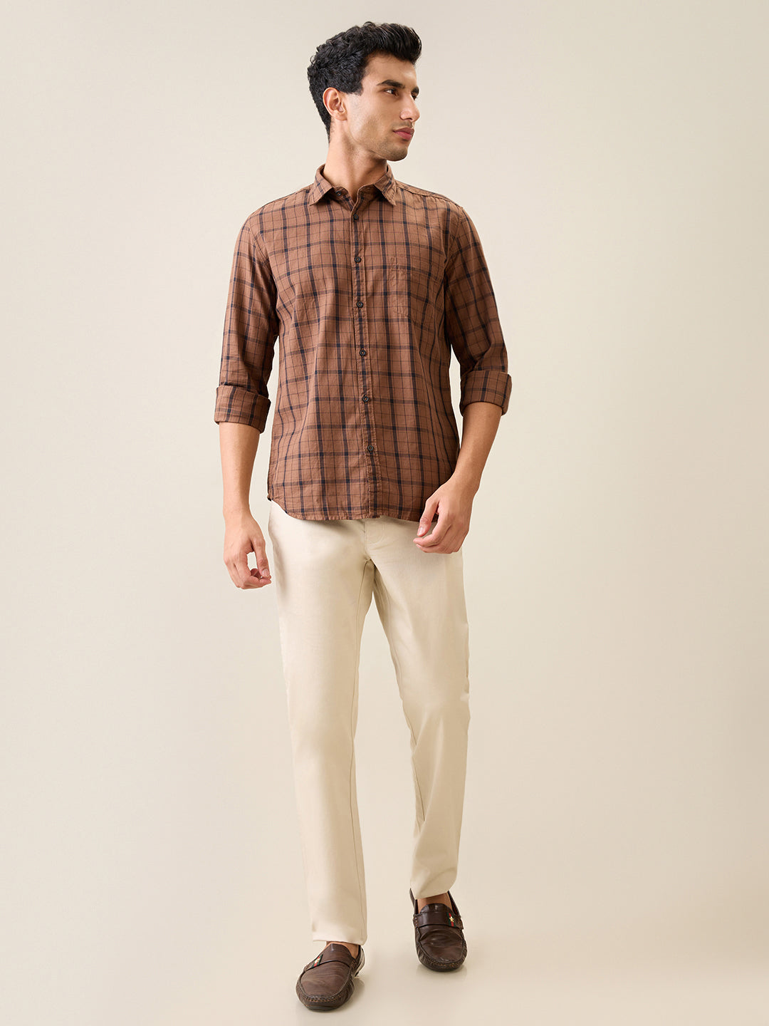 Parx Men Brown Checks Slim Fit Cotton Casual Shirt