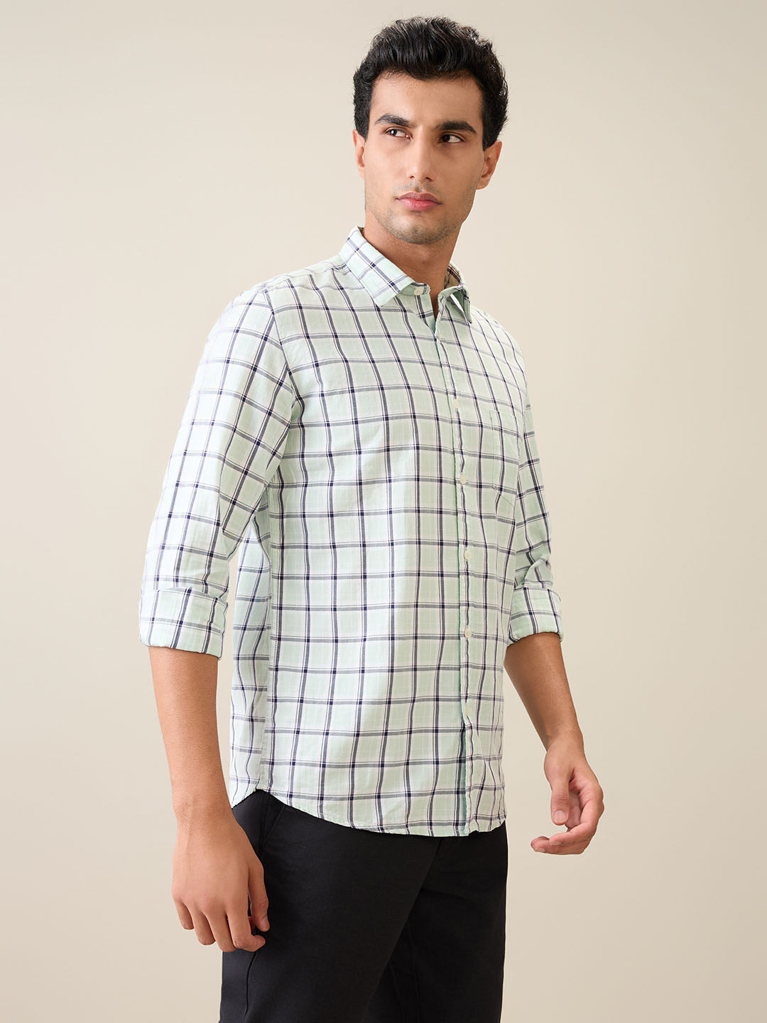 Parx Men Green Checks Slim Fit Cotton Casual Shirt