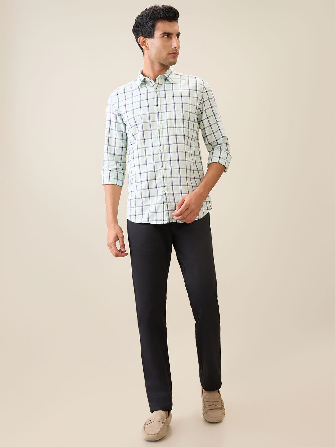 Parx Men Green Checks Slim Fit Cotton Casual Shirt