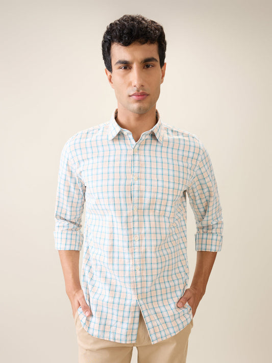 Parx Men Orange Checks Slim Fit Cotton Casual Shirt