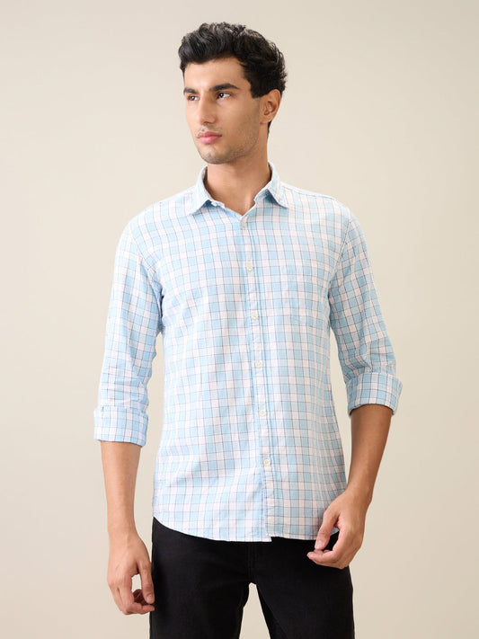 Parx Men Blue Checks Slim Fit Cotton Casual Shirt