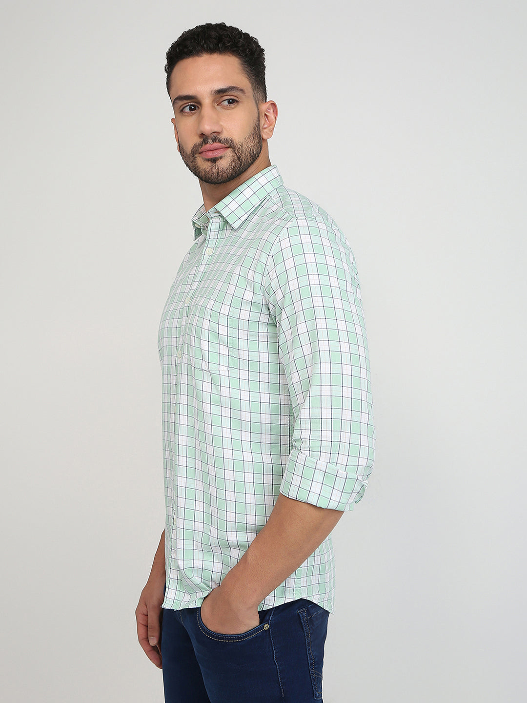 Parx Men Green Checks Slim Fit Cotton Casual Shirt