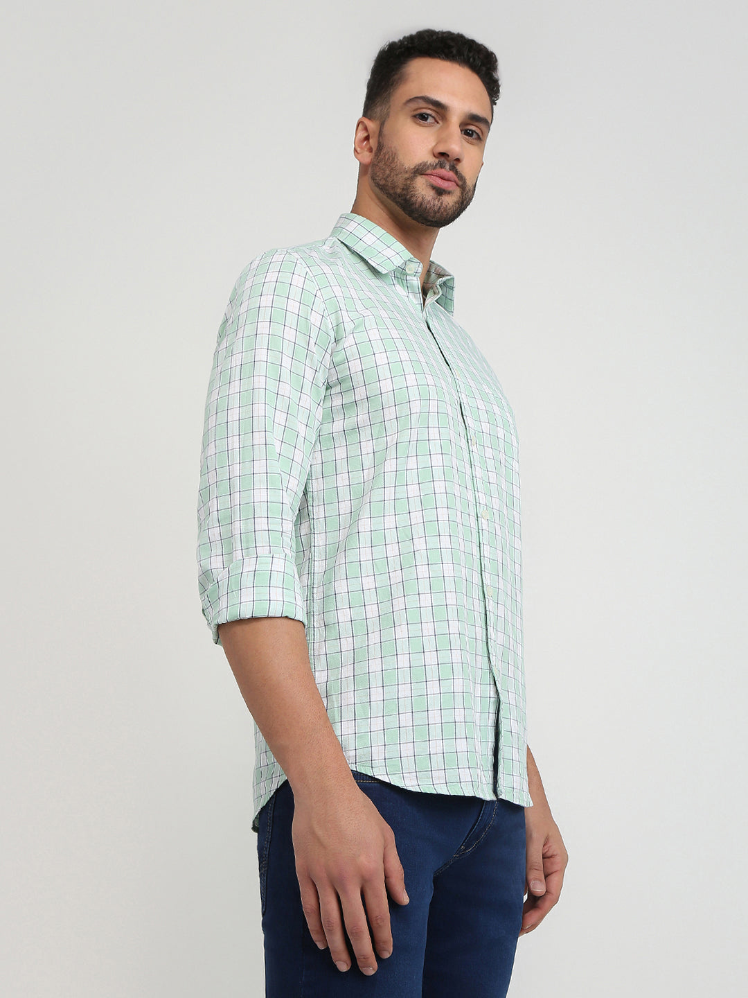 Parx Men Green Checks Slim Fit Cotton Casual Shirt
