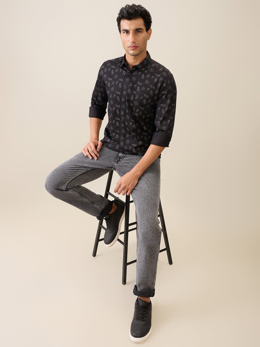 Parx Men Black Printed Slim Fit Cotton Casual Shirt