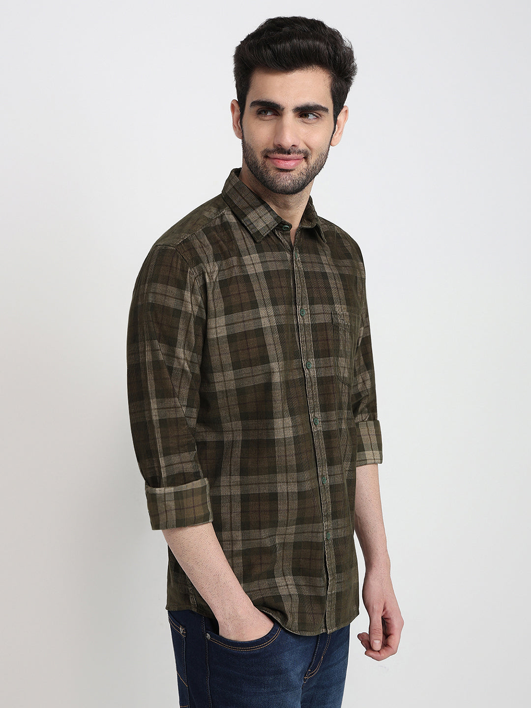 Parx Men Green Checks Slim Fit Cotton Full Sleeve Casual Shirt