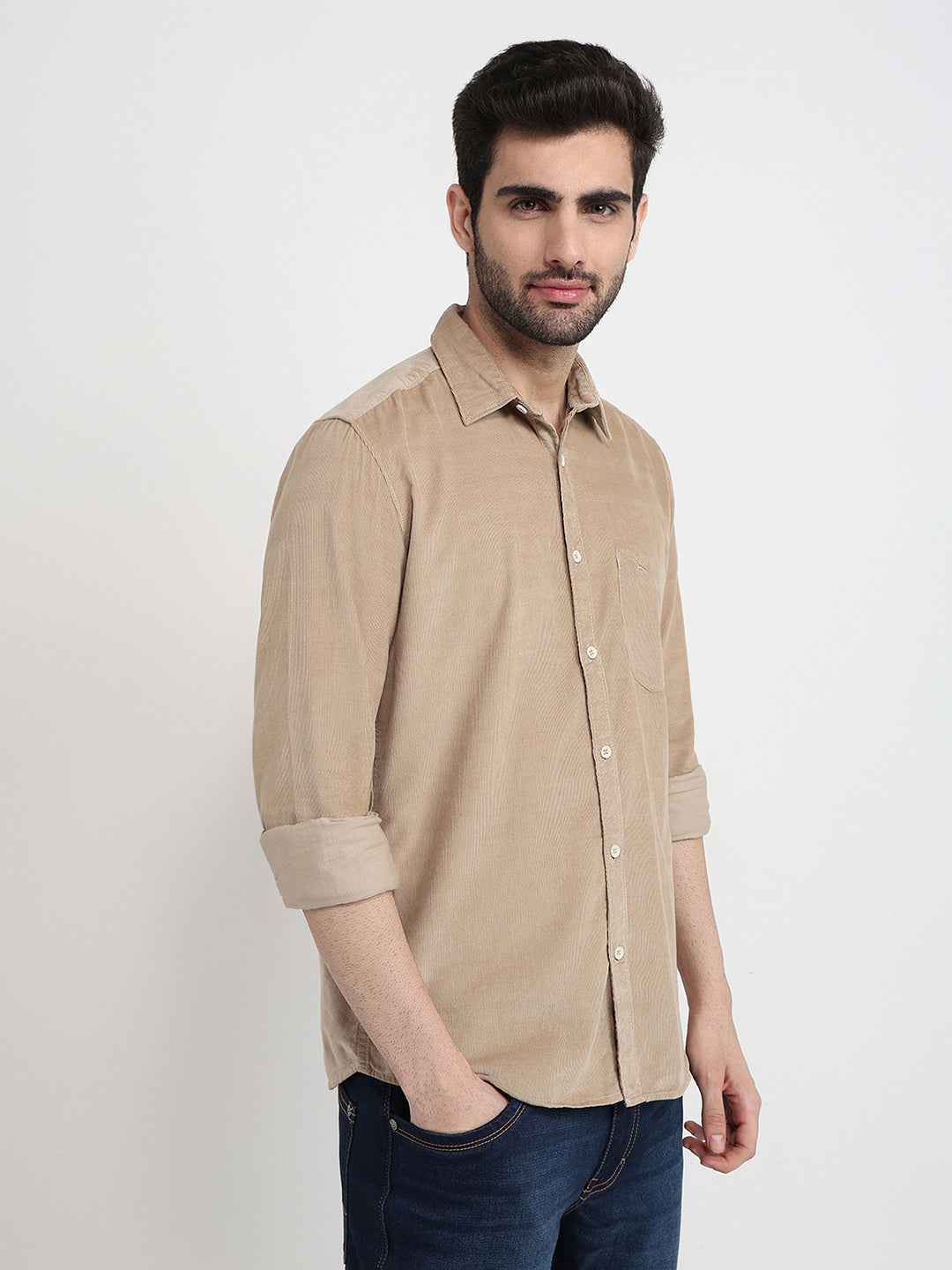 Parx Men Khaki Solid Slim Fit Cotton Full Sleeve Casual Shirt