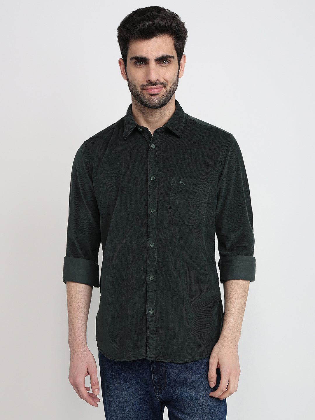 Parx Men Green Solid Slim Fit Cotton Full Sleeve Casual Shirt