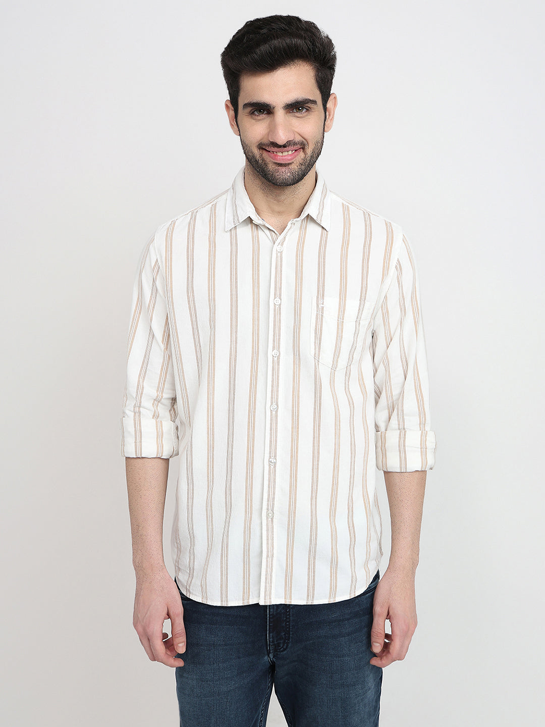 Parx Men White Stripe Slim Fit Cotton Full Sleeve Casual Shirt