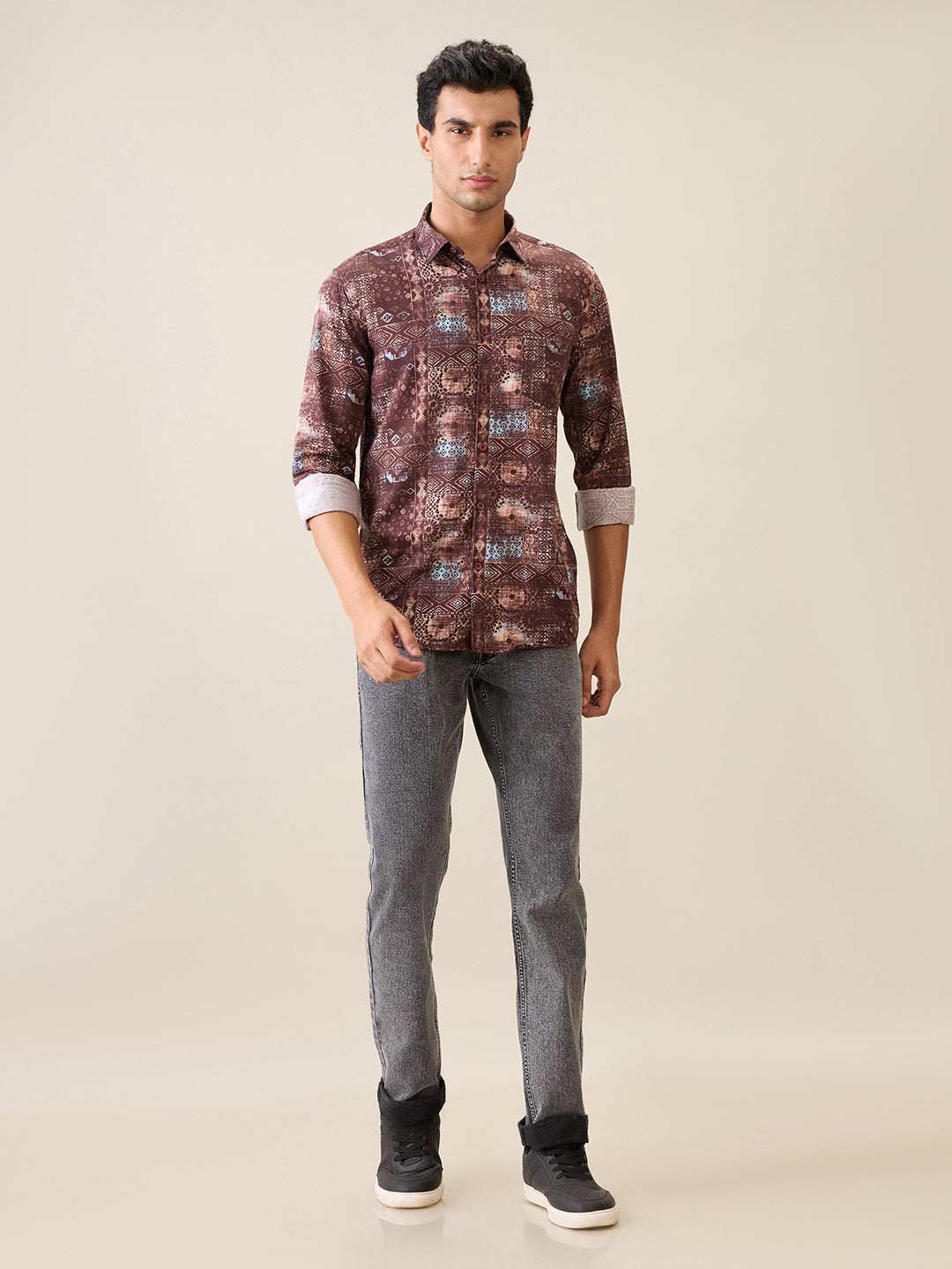 Parx Men Red Printed Slim Fit Cotton Full Sleeve Casual Shirt