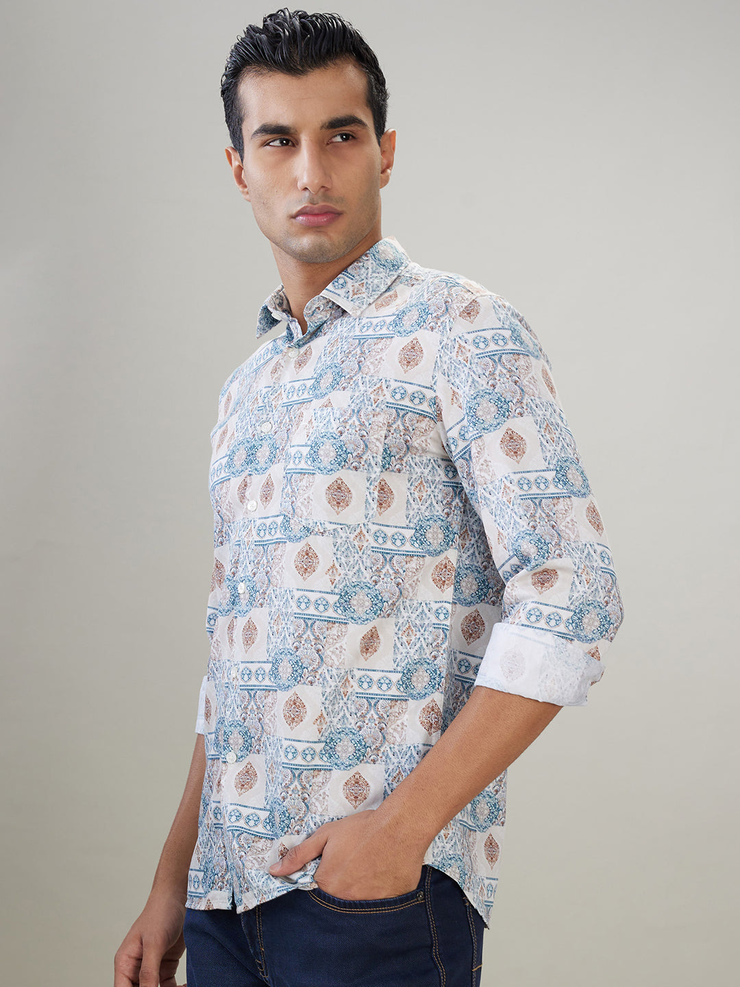 Parx Men Brown Printed Slim Fit Cotton Full Sleeve Casual Shirt