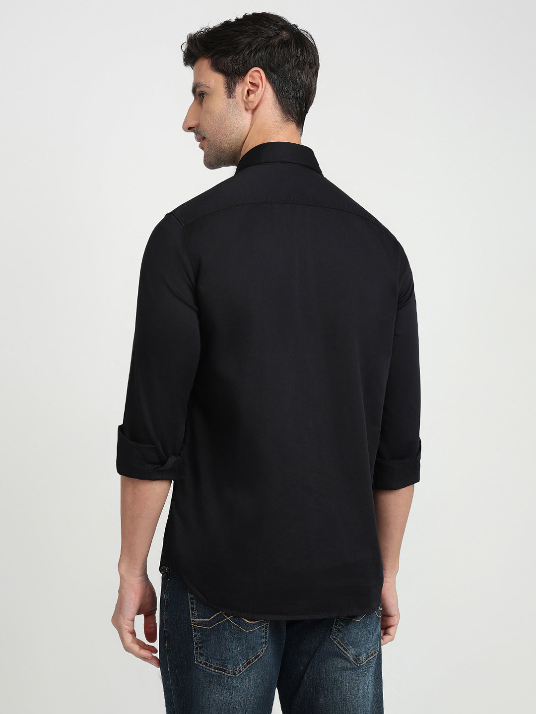 Parx Men Black Solid Slim Fit Cotton Blend Full Sleeve Casual Shirt