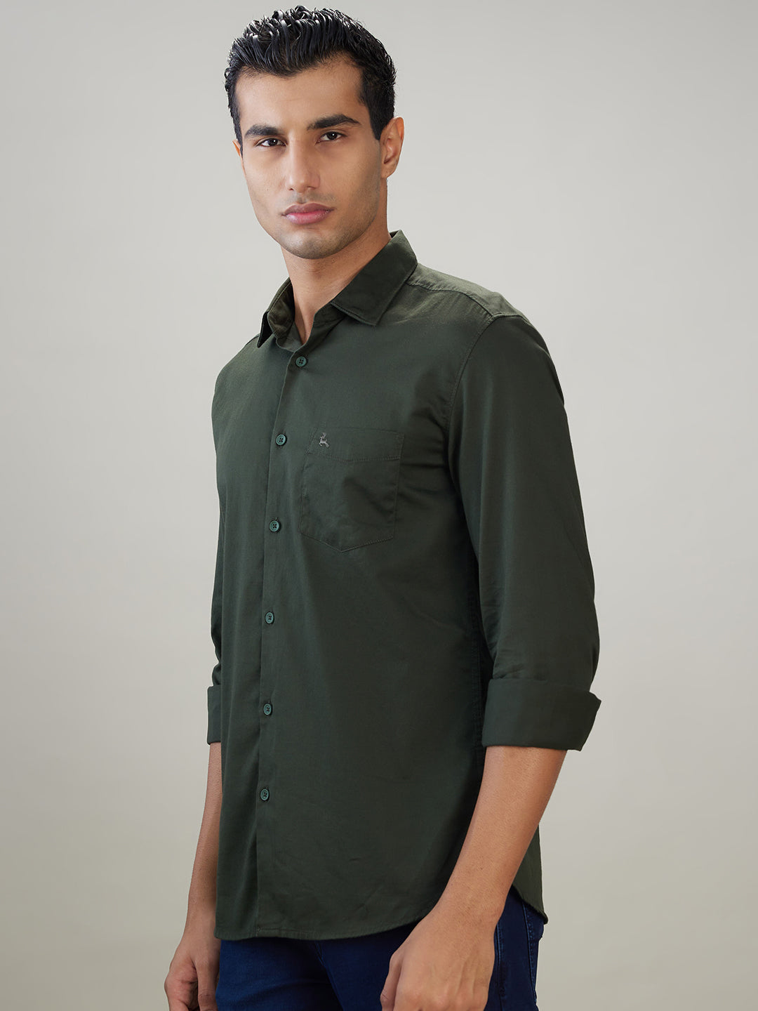 Parx Men Green Solid Slim Fit Cotton Blend Full Sleeve Casual Shirt