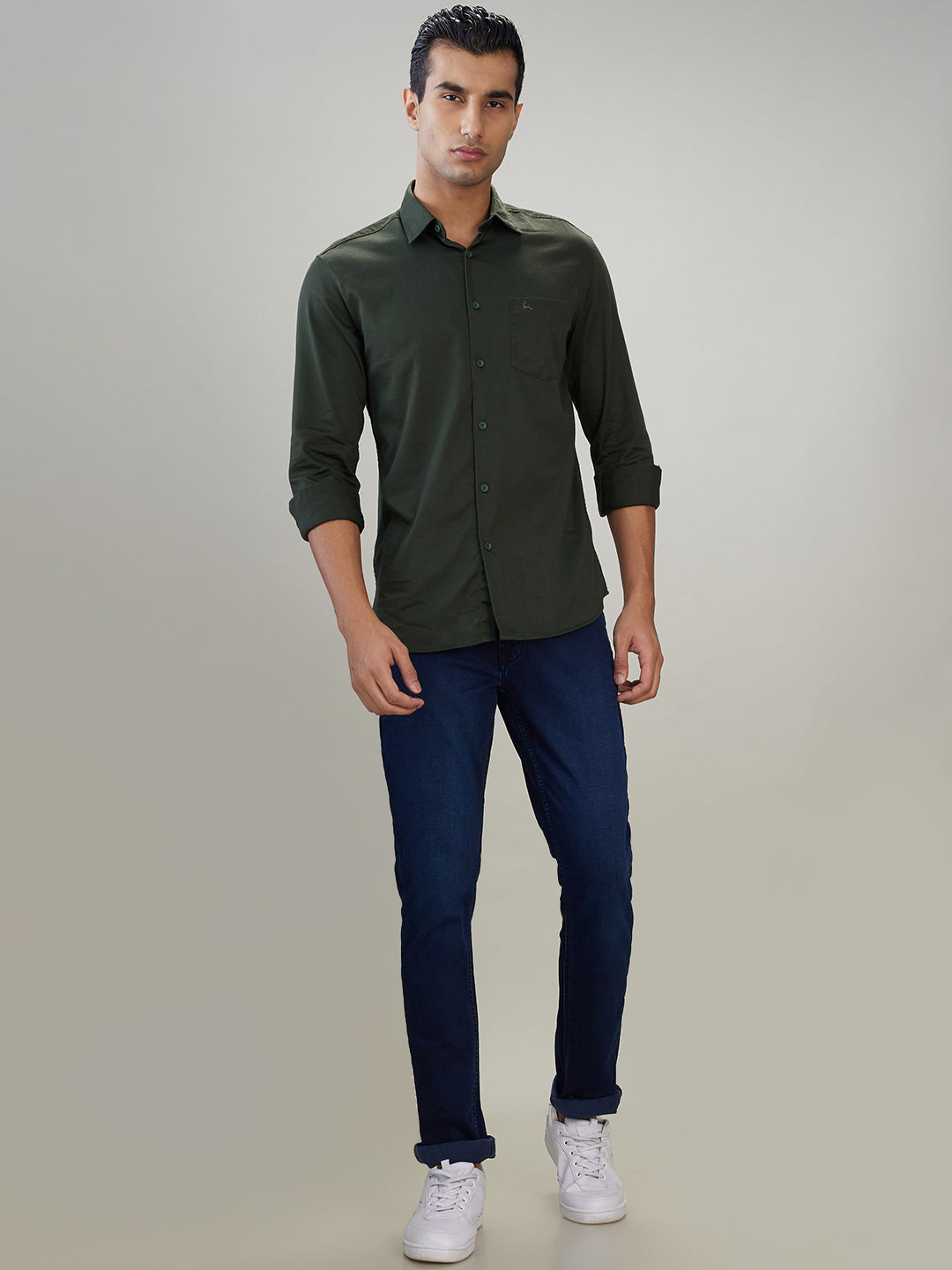 Parx Men Green Solid Slim Fit Cotton Blend Full Sleeve Casual Shirt