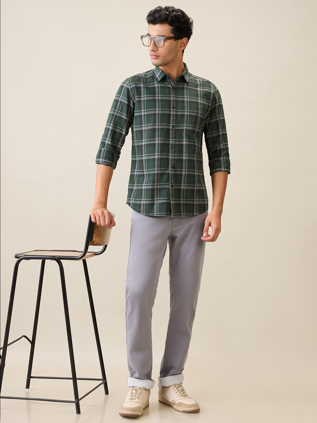 Parx Men Green Checks Slim Fit Cotton Casual Shirt