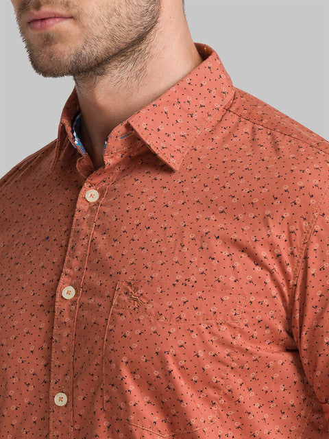 Parx Men Orange Printed Slim Fit Cotton Shirt