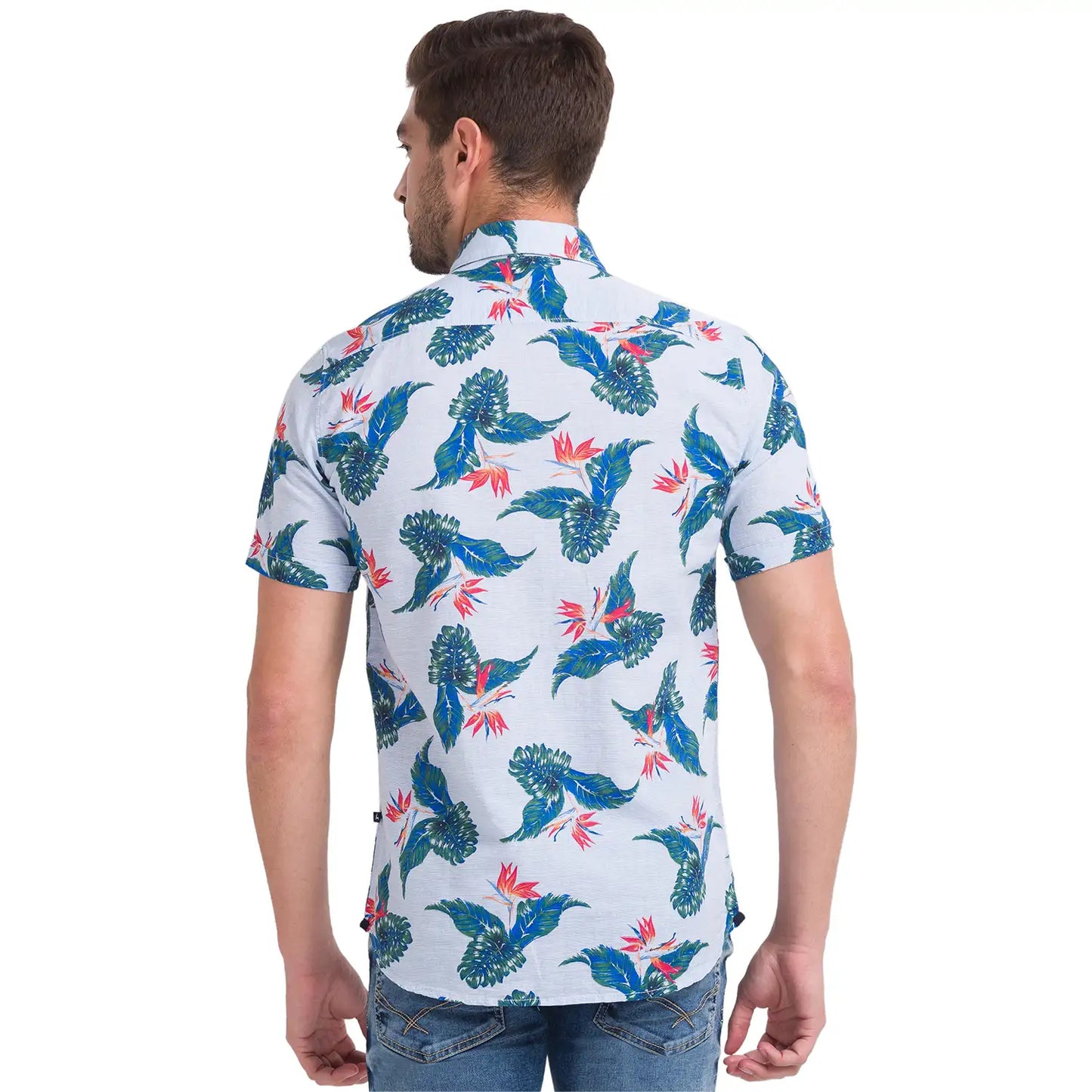 Men Blue Slim Fit Print Cotton Blend Half Sleeve Shirts