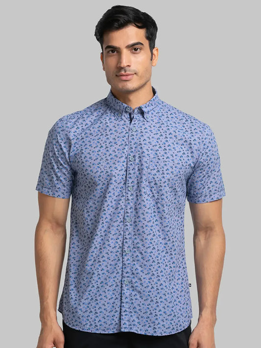 Men Blue Slim Fit Print Cotton Half Sleeve Shirts
