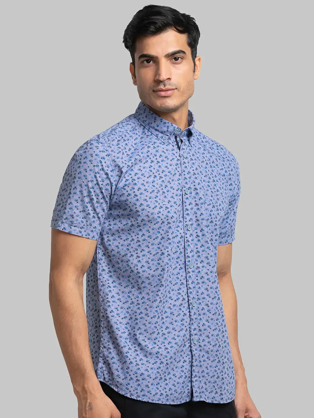 Men Blue Slim Fit Print Cotton Half Sleeve Shirts