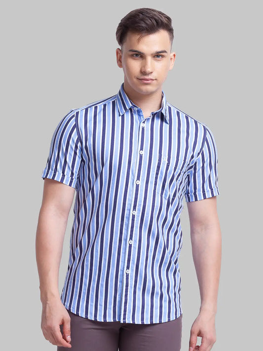 Parx Men Blue Printed Slim Fit Cotton Half Sleeve Cut Away Collar Shirt