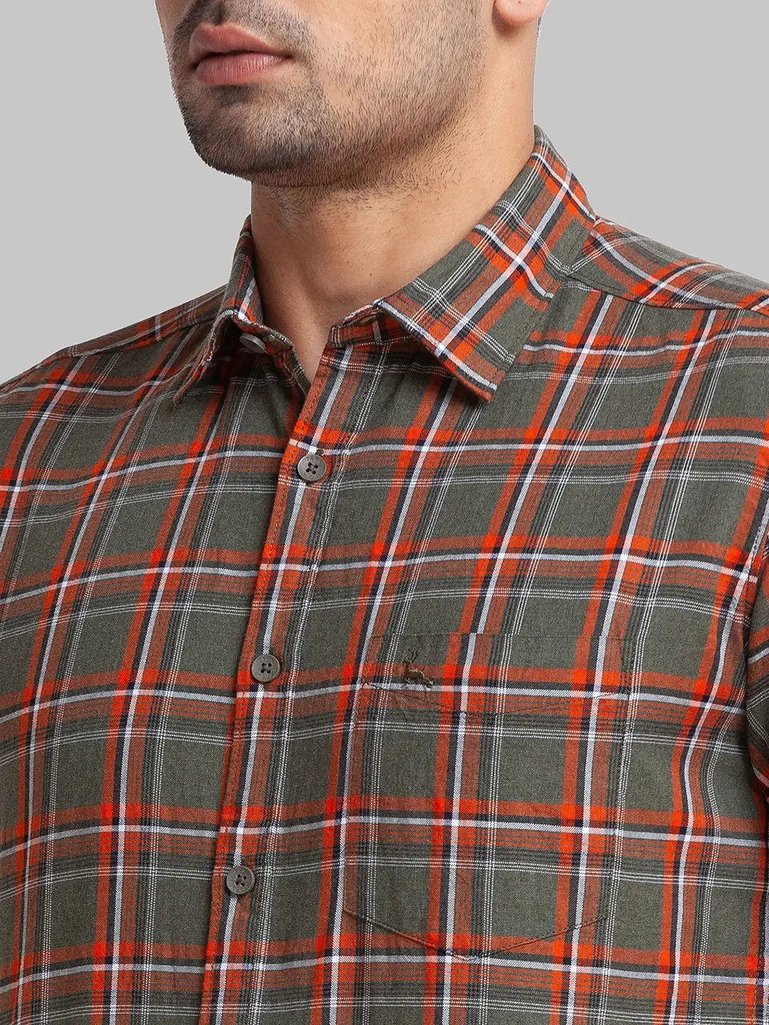 Parx Men Green Checks Slim Fit Cotton Half Sleeve Cutaway Collar Shirt